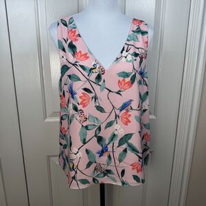 Finn & Grace Women Sz M Top Layered Pink Floral Birds Print VNeck Sleeveless